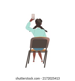 Young Woman with Smartphone Sitting on Chair Having Training Course Listening to Lecturer Back View Vector Illustration