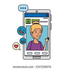 young woman in smartphone with social media icons