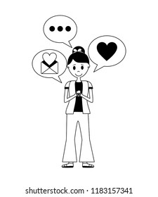 young woman with smartphone and speech bubbles
