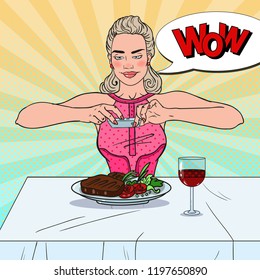 Young Woman with Smartphone Taking Photo of Food in Restaurant. Pop Art vector illustration