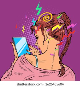 A young woman with a smartphone. Techniques and gadgets. Pop art retro vector illustration 50s 60s style