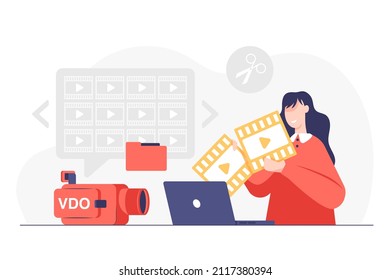 Young woman smile during Video editing and movie digital or approve file on laptop computer, cartoon charactor, vector illustration