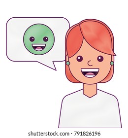 young woman with smile emoticon in speech bubble