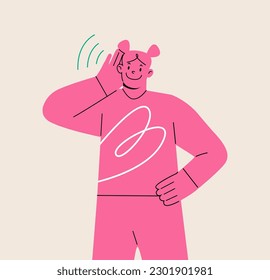 Young woman smiles and holds his hand near his ear. The girl listening or hearing intently. Colorful vector illustration
