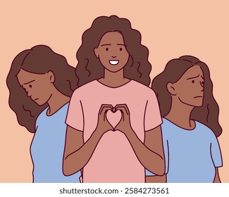 A young woman smiles while making a heart gesture, while two sad friends stand beside her. The image symbolizes emotional contrast.