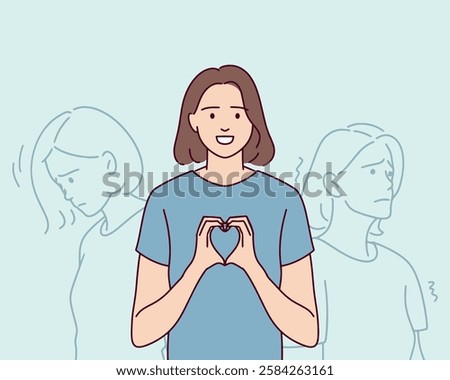 A young woman smiles while a shadow of her sad self appears behind her. The image represents hidden emotions and internal struggles.