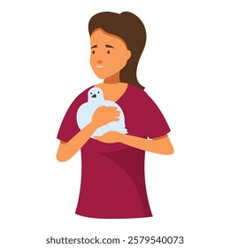 Young woman is smiling and carefully holding a white dove in her hands