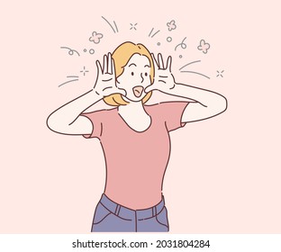 Young woman is smiling and cheerful with hands showing face. Surprised and excited. Hand drawn in thin line style, vector illustrations.