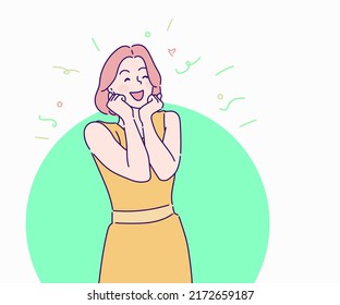 Young woman is smiling and cheerful with hands showing face. Surprised and excited. Hand drawn in thin line style, vector illustrations.