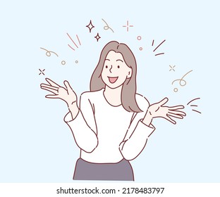 Young woman is smiling and cheerful. Surprised and excited. Hand drawn in thin line style, vector illustrations.