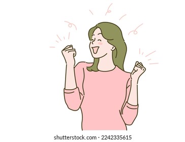 Young woman is smiling and cheerful. Surprised and excited. Hand drawn in thin line style, vector illustration.