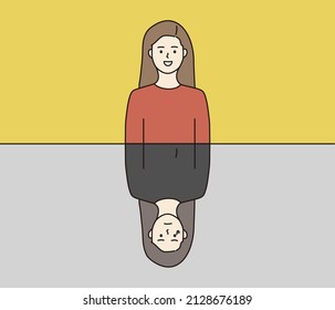 A Young Woman smiling and crying. Different Facial Expression and Mood. Mental health, smiling depression, psychological disease concepts. Hand Drawn Vector Illustration.