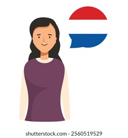 Young woman is smiling with a dutch flag speech bubble, representing the concept of learning dutch