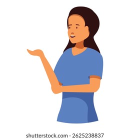 Young woman is smiling and gesturing with her hand to present something