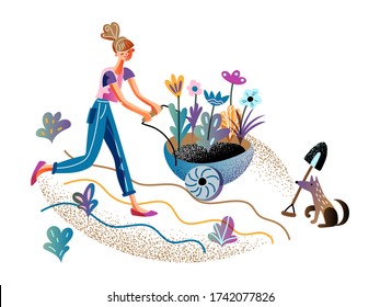 Young woman smiling happily and pushing trolley cart with flower sprout in ground for planting. Dog pet holding spade for owner help in garden. Gardening time and horticulture. Vector illustration