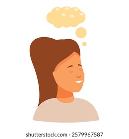 Young woman is smiling and having positive thoughts, represented by a speech bubble above her head