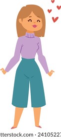 Young woman smiling with hearts floating above her head, wearing a purple sweater and teal pants. Happiness and love feelings vector illustration.