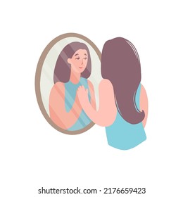 Young woman smiling at herself in the mirror. Peaceful calm girl touching her reflection in the mirror. Self care concept. Hand drawn vector decorative illustration in trendy flat style.