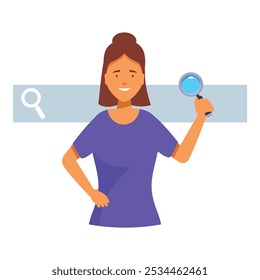 Young woman is smiling and holding a magnifying glass in front of a search bar