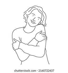 Young woman smiling and hugging herself. Hand drawn vector illustration. Black and white.