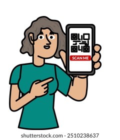 Young Woman smiling showing cell phone with qr code