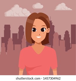 Young woman smiling with sport wear cartoon in the cirty, urban scenery background ,vector illustration graphic design.