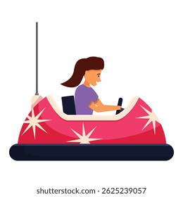Young woman is smiling while driving a bumper car at an amusement park