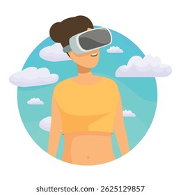 Young woman is smiling while experiencing virtual reality through a vr headset