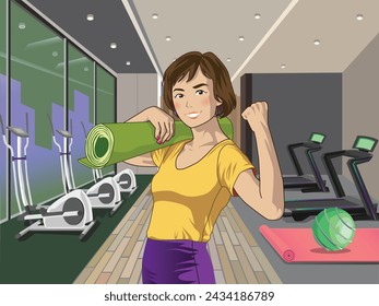 A young woman is smiling while holding a yoga mat in the gym. Vector character illustration with cheerful pastel colors. Sports activity, healthy lifestyle, weight loss,