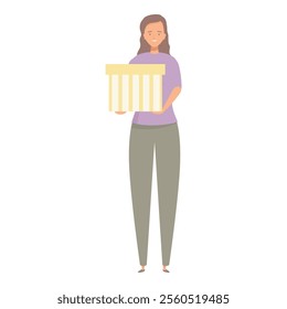 Young woman is smiling while holding a storage box, suggesting an organized and efficient approach to home management