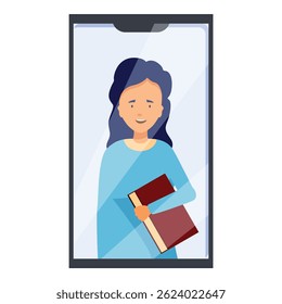 Young woman is smiling while holding a book during a video call on a smartphone
