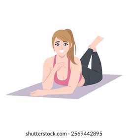 Young woman smiling while lying on yoga mat. Flat vector Character Illustration