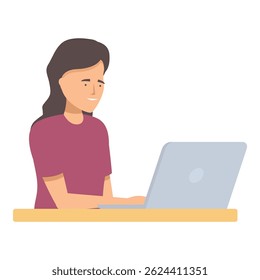 Young woman is smiling while using her laptop at her desk
