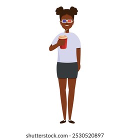 Young woman is smiling while wearing 3d glasses and holding a soda