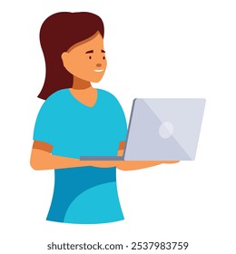 Young woman is smiling while working or studying on her laptop