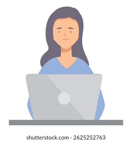 Young woman is smiling while working on her laptop at her home office