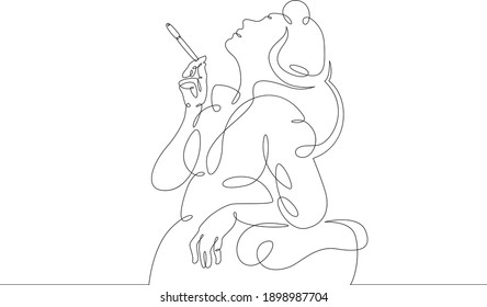 Young woman smokes a cigarette in the mouthpiece. One continuous drawing line  logo single hand drawn art doodle isolated minimal illustration.