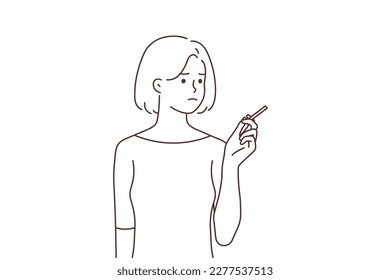 Young woman smoking cigarette. Unhappy girl having bad unhealthy habit. Smoker concept. Vector illustration. 