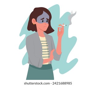 Mujer joven fumando cigarrillo. Niña infeliz con mal hábito insalubre. El concepto de fumador. Ilustración vectorial.