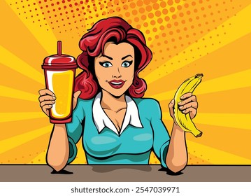 Young woman with smoothie and banana in hand pop art style vector illustration. Comics style.