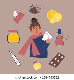 Young woman sneezes and holds in hands a polka dot tissue. Healthcare concept. Ways to treat illness. Health care vector illustration. Cold and flu season. Catch a cold, allergy or fever.