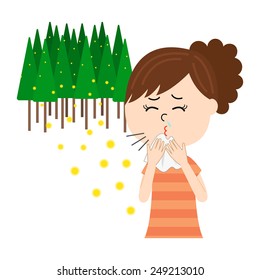 A young woman sneezing, allergy caused by cedar pollen, vector illustration