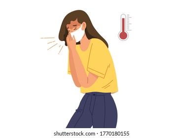 Young woman sneezing or coughing in face mask with high temperature thermometer. Concept of fever, flu, COVID-19, virus protection, prevention, infection, virus pandemic. Flat vector illustration.