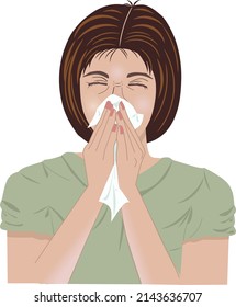 A young woman sneezing and covering her nose and mouth with a handkerchief or tissue. Blowing her nose. Cartoon vector illustration.