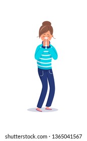 Young woman sneezing flat character. Sickness, illness. Person suffering from seasonal cold isolated design element. 
