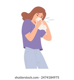 Young woman is sneezing isolated on white background. Concept of illness, sickness, cold and flu, fever, Covid-19, cough, unwell, sick symptom, health care. Flat vector illustration character.