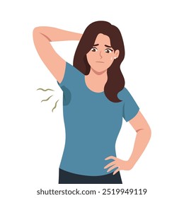 Young woman sniffing and smelling her bad smell wet armpit. Flat Vector Character illustration