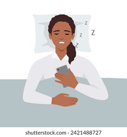 Young woman Snoring lying in the bed, snores loudly with open mouth while deep sleep holding phone.  Flat vector illustration isolated on white background