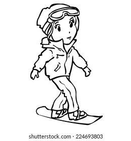 young woman snowboarding isolated on white