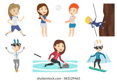 Young woman snowboarding on the background of mountains. Snowboarder on piste in mountains. Woman snowboarding in the mountains. Set of vector flat design illustrations isolated on white background.